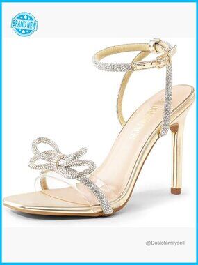 Crystal Bow Slingback Heels Square Toe Elegant Wedding Party Stiletto Sandals